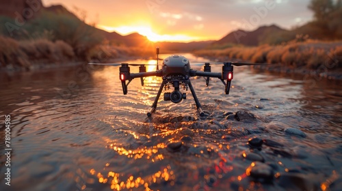 Technology drone flying to monitor above river analysis to drought crisis.