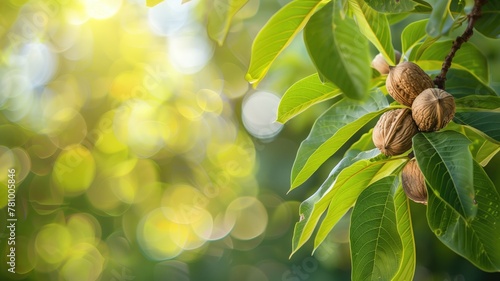 Walnut tree branches with ripe nuts in sunlight against blurred green background bokeh lights