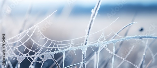Detailed closeup of frost-covered spider web on a tree, showcasing the intricate patterns created by nature's touch