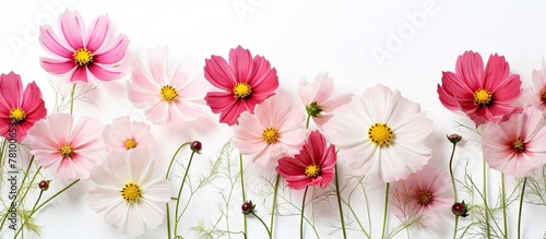 Row of cosmos flowers perfectly arranged on a plain white background
