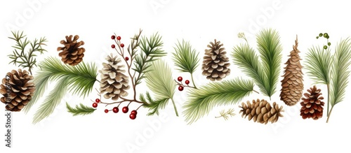 Cluster of pine cones and red berries situated on a twig in a natural setting