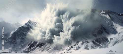 Massive ocean wave violently crashes over the peak of a mountain, creating a dramatic and powerful scene