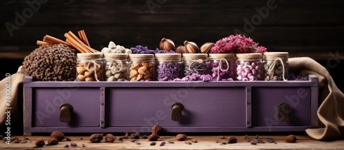 Wooden box containing an assortment of dried foods and nuts, including fruits and nuts along with cotton and lavender