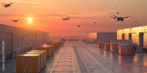 A futuristic scene with a large number of drones flying over a warehouse. The drones are flying in different directions and at different heights, creating a sense of chaos and disorganization