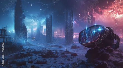 Artistic depiction of a digital dystopia, where virtual reality offers an escape from a dark, devastated Earth,
