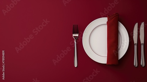White plate with silver cutlery and red napkin on dark background