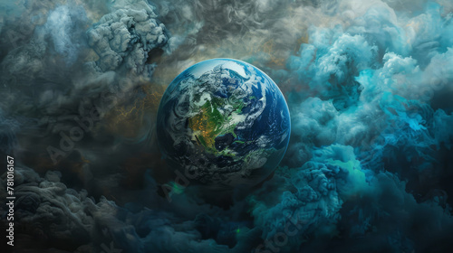 Conceptual art of the Earth, its blue and green beauty obscured by a dense, dark cloud of pollution and negligence,