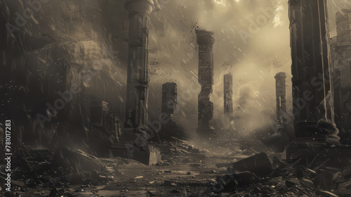 Dramatic portrayal of acid rain falling on a darkened world, with eroded monuments to civilization,