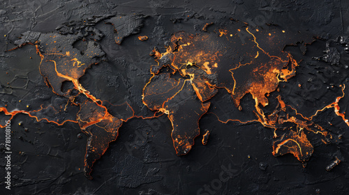 High-tech map of earth showing zones of seismic activity increased by fracking, visualized with dark, spreading cracks,
