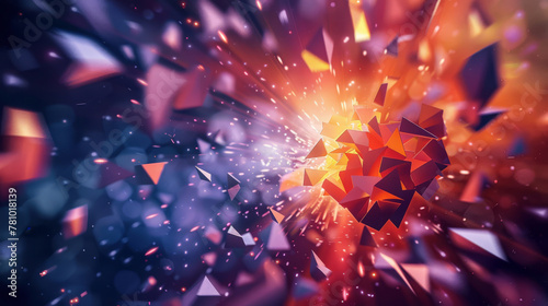 Geometric explosion, with polygons bursting from a central point for impactful visuals,