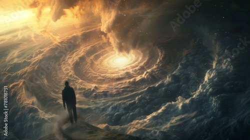 A person stands on the edge of a swirling vortex their back turned as they are consumed by a surreal and otherworldly landscape. . .