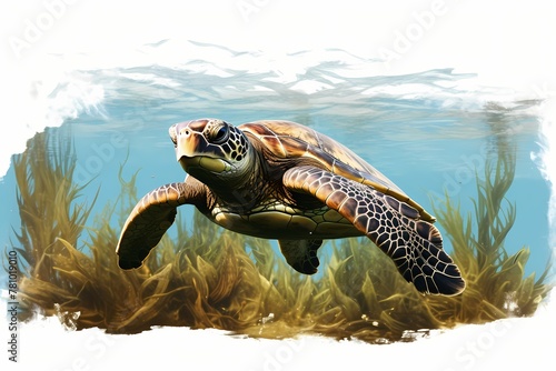 Ancient sea turtle gracefully swimming through a sunlit kelp forest, isolated on white solid background