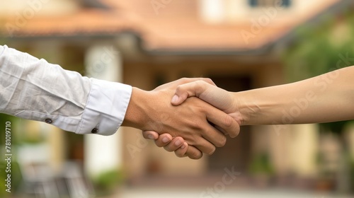 A close-up shot of a handshake between a real estate agent and a satisfied client, conveying trust and satisfaction. 