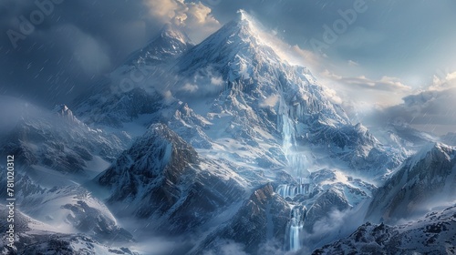 A snow-covered mountain peak, with icy cliffs and frozen waterfalls shimmering in the cold sunlight.