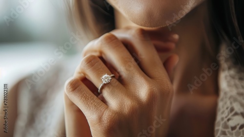 A woman admiring a diamond engagement ring on her finger
