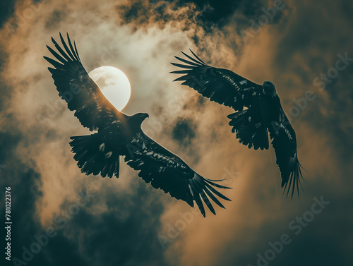 Solar eclipse photography with eagles flying around in epic composition 