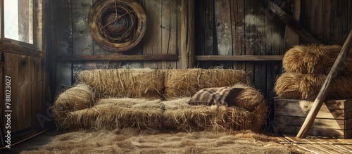 Inside a barn, a ladder leans against the wall next to a couch covered in straw and hay