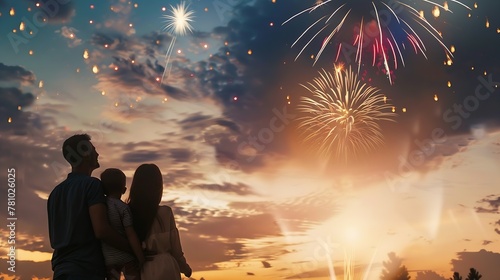 Generative AI : The happy family looks beautiful colorful holiday fireworks in the evening sky 