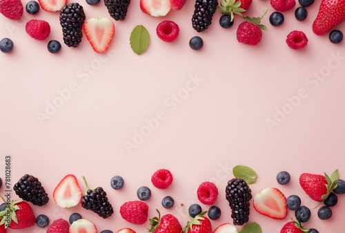 Draufsicht, Frische Sommer Beeren angeordnet als Rahmen auf rosa Hintergrund mit Kopierraum in Mitte, Konzept für Diät, gesunde Ernährung im Sommer