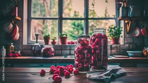 Homemade dessert of canned raspberries in a glass jar on a wooden table. A tantalizing treat awaits, with plump raspberries beckoning from their cozy glass jar.