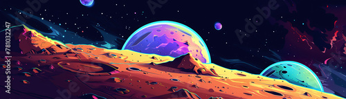 A colorful space scene with three planets and a rocky surface