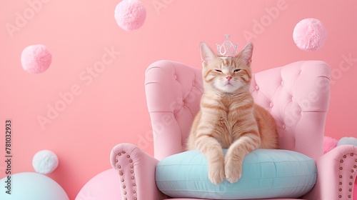 The greatest red queen of cats with a crown on her head sits importantly and with dignity on a soft pink throne. On pink background with soft pompons