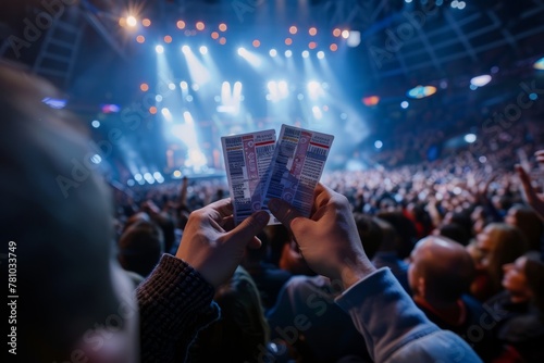A crowd of concert-goers enthusiastically holding up tickets while enjoying the event
