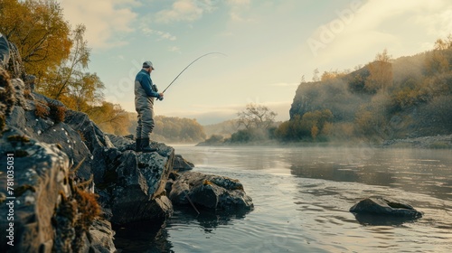 A fisherman reeling in a large fish from the edge of a rocky riverbank, muscles tense with effort.