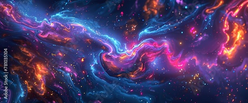 A cosmic dance of neon light unfolds, its vibrant hues intertwining in a mesmerizing display of celestial choreography within the liquid expanse.