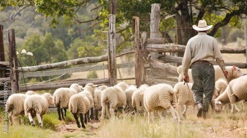 A farmer herding sheep into a pen for shearing.
