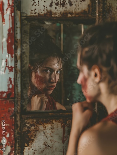 a crazy woman boxer with a strong expression and eyes, stares at herself in the mirror. A rusty old bathroom background. crimson stains on wall. generative AI