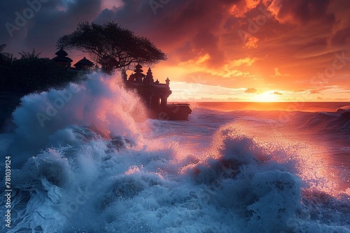 The cult temple of Tanakh Lot is located on a rocky ledge in the middle of waves crashing on the shore. Bright sunsets color the sky in orange and pink tones.