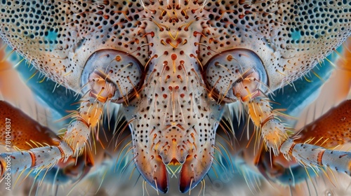 A magnified view of a beetles labium showing a symmetrical arrangement of soft y structures used for tasting and guiding food towards