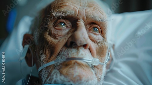 Old man with nasal cannula in hospital. Generative AI.