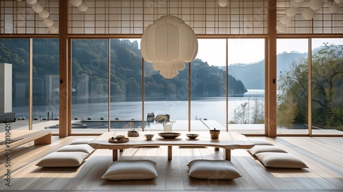 Traditional Japanese Interior Design Overlooking Serene Lake