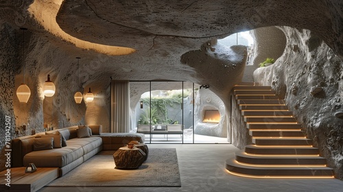 Modern Cave Interior with Comfy Living Area and Fireplace