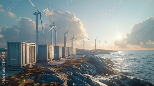 Many wind power and new energy storage cabinets are located on the coast. Generative AI.