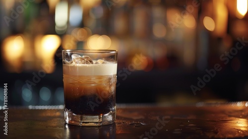 The gritty charm of a dimly lit bar, an Irish Car Bomb cocktail in a clear glass captures the essence of spontaneous nights