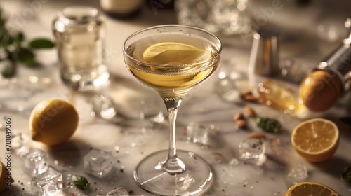 The casual elegance of a clear glass filled with Pastis, set on an untidy surface, encircled by various tempting flavors