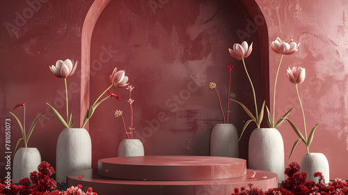 A red podium with colorful flowers in vases rests against a red wall.