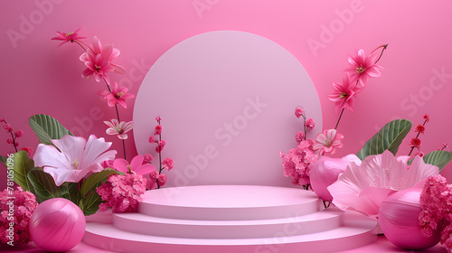 A pink podium decorated with pink flowers stands on a pink background.