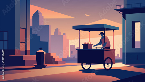 A street vendor sets up his cart in the early hours of the morning the only one awake in the usually bustling marketplace. The photographer
