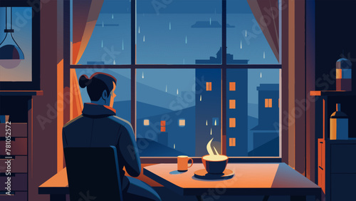 Raindrops pattering against the window as the fireplace crackles the warm glow illuminating a person nestled in a window seat with a mug of tea