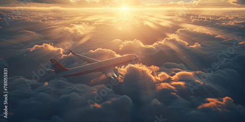 A red airplane is flying through a cloudy sky. The clouds are white and fluffy, and the sun is shining brightly through them. The scene is peaceful and serene