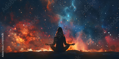 A woman meditating in a field under a starry night sky, surrounded by the vastness of space