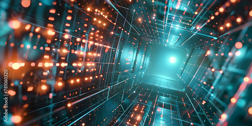 Digital transformation concept, System engineering, Binary code, Programming, A tunnel illuminated by colorful lights and glowing dots, creating a mesmerizing and futuristic atmosphere.