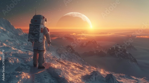 A lone astronaut stands on a rugged alien mountain range, witnessing the breathtaking sunrise beside a giant planetary horizon. Generative AI
