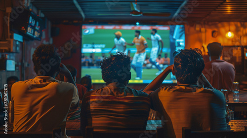 Indian people watching cricket on TV in a sports bar.