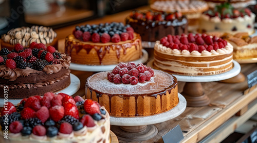  A display case brimming with numerous cakes adorned with luscious frosting and scrumptious raspberries atop each cake
