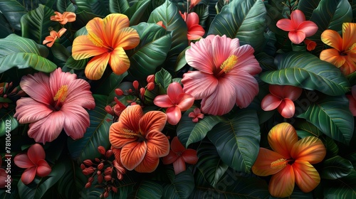  Close-up of colorful flowers, mostly red and yellow, surrounded by green foliage